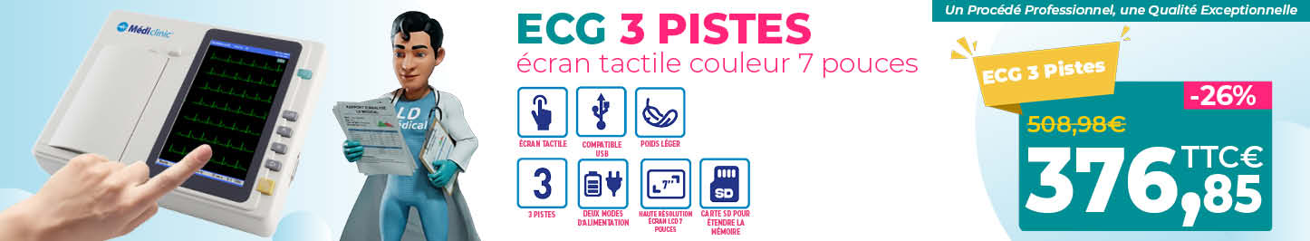 ECG 3 pistes &eacute;cran tactile couleur 7 pouces Medi'Clinic &ndash; &eacute;lectrocardiographe portable pour cabinet m&eacute;dical